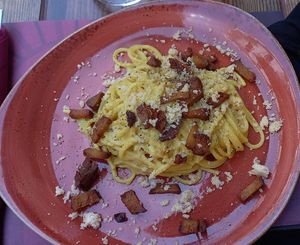 Vegan carbonara at Rifugio Romano in Rome