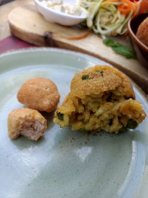 Vegan starter - bread, rice and cheese fritter at Rifugio Romano in Rome