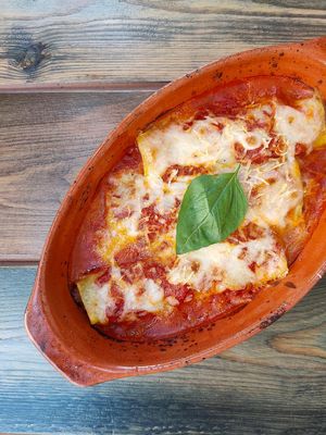 Vegan cannelloni (pasta al forno) at Rifugio Romano in Rome