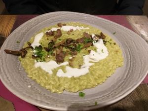 Mushroom, pea and chestnut risotto with almond cream #Veganuary at Rifugio Romano in Rome