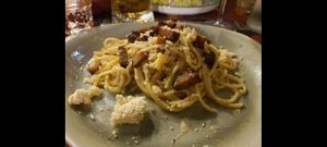 Spaghetti alla carbonara, with vegan parmesan cheess at Rifugio Romano in Rome