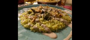 Risotto with vegan gorgonzola, asparagus and walnuts at Rifugio Romano in Rome