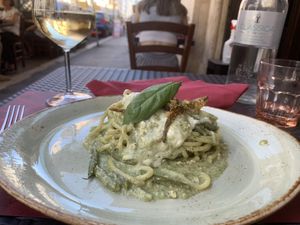 Vegan pasta with green beans and cashews  at Rifugio Romano in Rome