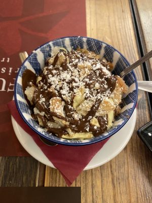 Vegan custard with crushed biscuits and vegan Nutella   at Rifugio Romano in Rome