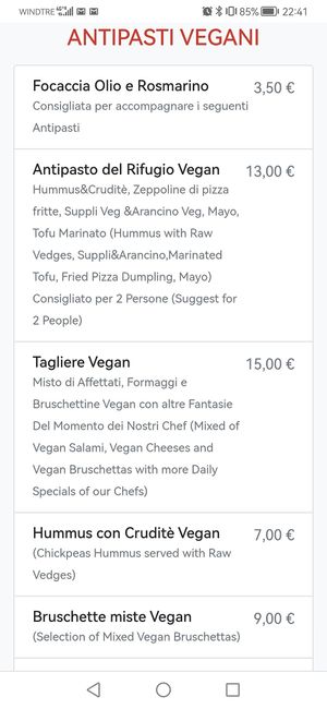 A few pages of the menu at Rifugio Romano in Rome