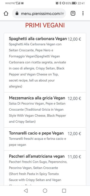 A few pages of the menu at Rifugio Romano in Rome