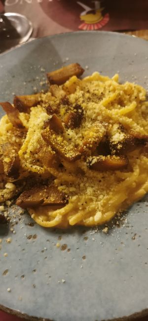 Vegan carbonara at Rifugio Romano in Rome