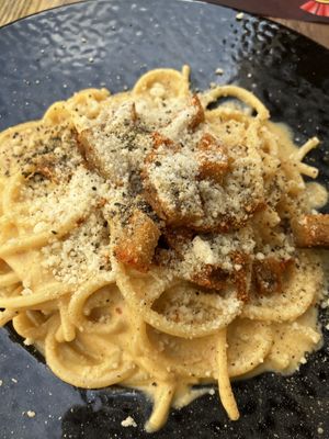 Vegan carbonara  at Rifugio Romano in Rome