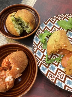 Arancino vegano, supplì and sofficino  at Rifugio Romano in Rome
