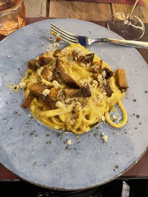 Vegan carbonara with seitan   at Rifugio Romano in Rome
