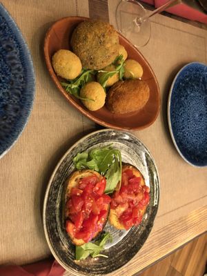 Vegan arancini, stuffed olives and bruschetta   at Rifugio Romano in Rome