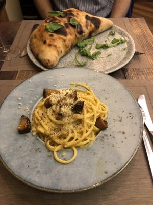 Vegan Calzone and carbonara   at Rifugio Romano in Rome