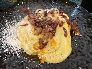 Spaghetti alla carbonara, with smocked seitan and smocked tofu cream, very tasty   at Rifugio Romano in Rome