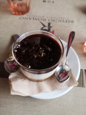 Caramel vegan cheesecake (decent size in reality) at Rifugio Romano in Rome