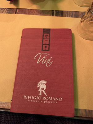 Front of wine menu  at Rifugio Romano in Rome