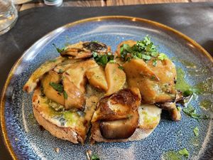 Bruschettone with cashew gorgonzola, seared porcini mushrooms, maldon salt and basil reduction  at Rifugio Romano in Rome