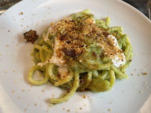 Fresh tonnarello with sautéed Romanesco broccoli, crunchy sausage, cashew burrata and lemon scent  at Rifugio Romano in Rome