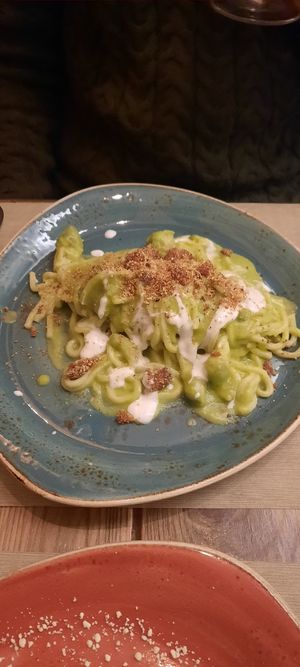 Tonnarelli al broccolo romano e burrata d'anacardi at Rifugio Romano in Rome