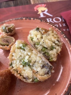 Olive ascolane and arancino   at Rifugio Romano in Rome