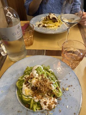 Tonnarello al broccolo romanesco, salsiccia croccante, burrata di anacardi e buccia di limone/ carbonara   at Rifugio Romano in Rome