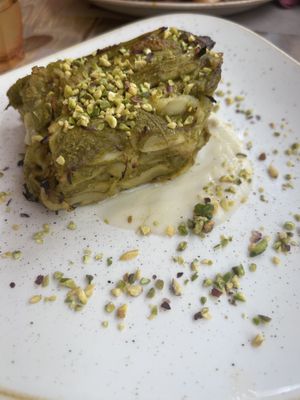 Lasagna of artichokes and pistachio, soooo delicious  at Rifugio Romano in Rome
