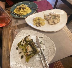 Carbonara (top) saltimbocca (middle) zucchine lasagne (bottom)  at Rifugio Romano in Rome