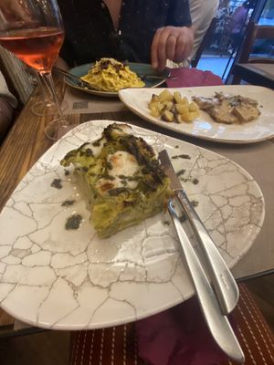Zucchini lasagna, carbonara   at Rifugio Romano in Rome