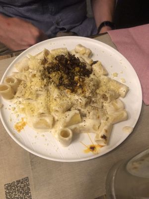 mezzamanica alla gricia vegan  at Rifugio Romano in Rome