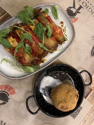 Eggplant involtini, arancino  at Rifugio Romano in Rome