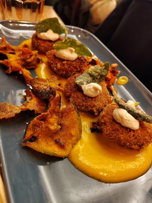 Meatballs, carrot puree, roast pumpkin, cashew cream, crispy sage at Rifugio Romano in Rome