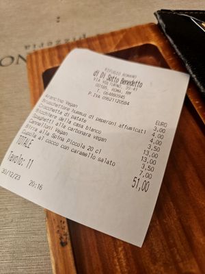 Bill for 3 starters, 2 mains, 1 dessert & 2 drinks  at Rifugio Romano in Rome