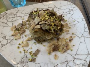 Vegan pistachio lasagne  at Rifugio Romano in Rome