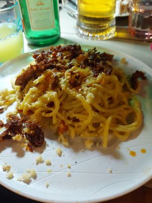Carbonara. Great portion size. at Rifugio Romano in Rome