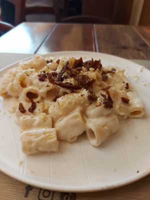 Mezzemanica alla gricia Vegan. Awesome. at Rifugio Romano in Rome