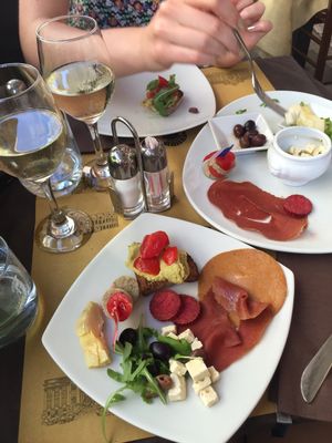 Anitpasti platter. Nice if you're into mock meats. The tofu "feta" and selection of hummus was real good. at Rifugio Romano in Rome