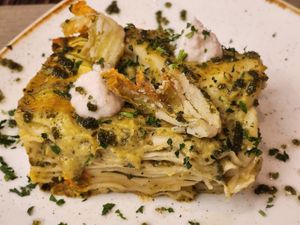 Zucchini-flower pesto lasagne at Rifugio Romano in Rome