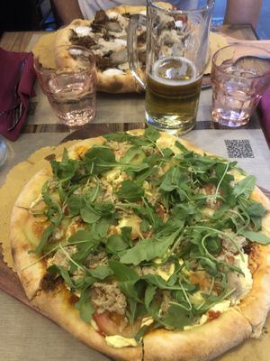 Yum! Pizza with yummy v-tuna, mayo, rocket   at Rifugio Romano in Rome