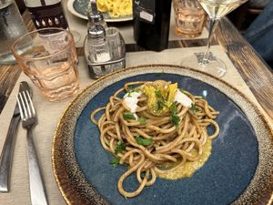 Pasta with black garlicc  at Rifugio Romano in Rome