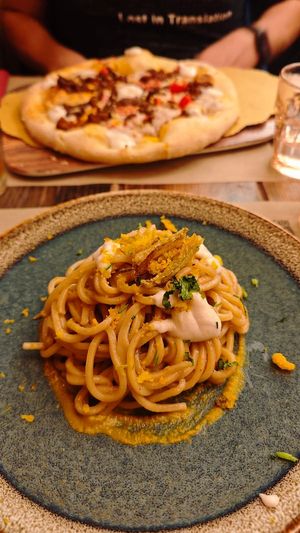 Pasta with courgette flower pesto at Rifugio Romano in Rome