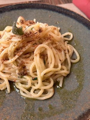 Tonnarello w/ sage chips on pumpkin cream   at Rifugio Romano in Rome