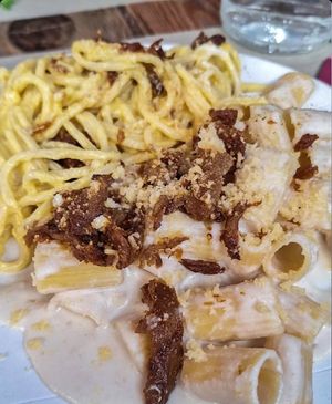 Unfortunately this is the only photo that I have, but I think that it clearly shows how awesome their dishes are. These were Carbonara and Gricia. at Rifugio Romano in Rome