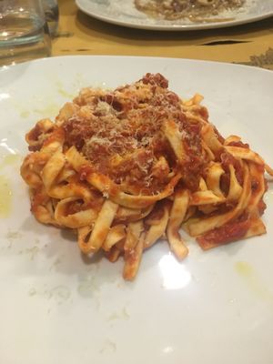 Vegan homemade pasta in bolognese sauce  at Rifugio Romano in Rome