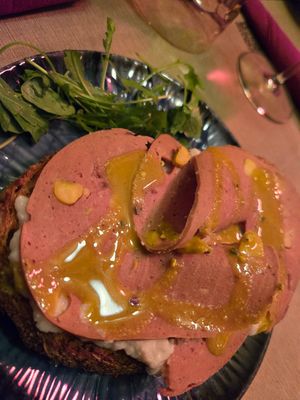 Bruschetta con stracciatella e mortadella at Rifugio Romano in Rome
