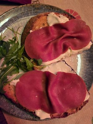 Bruschetta stracchino e prosciutto at Rifugio Romano in Rome