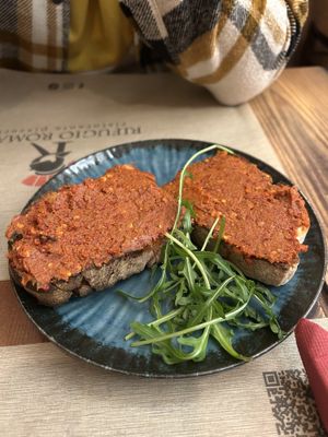 vegan bruschetta nduja  at Rifugio Romano in Rome