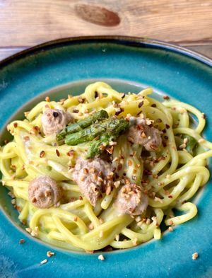 Long fresh pasta with asparagus cream, lemon sauce and hazelnut  at Rifugio Romano in Rome