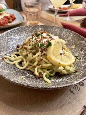 Vegan tonnarello with lemon and sausage   at Rifugio Romano in Rome