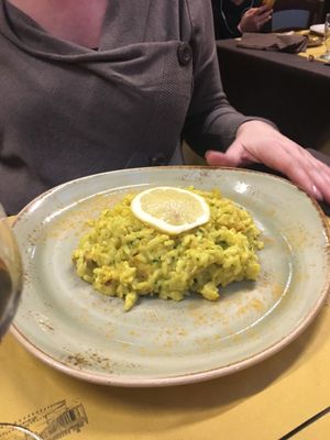 Seitan zucchini risotto but the seitan is switched into tofu at Rifugio Romano in Rome