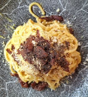 Spaghetti alla carbonara vegan at Rifugio Romano in Rome