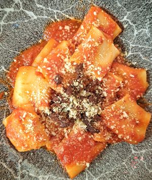 Paccheri freschi all'amatriciana vegan at Rifugio Romano in Rome